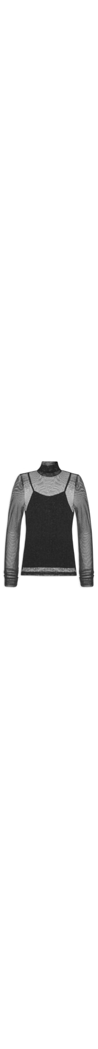 Blusa Feminina De Tule Com Brilho Gola Alta - Preto