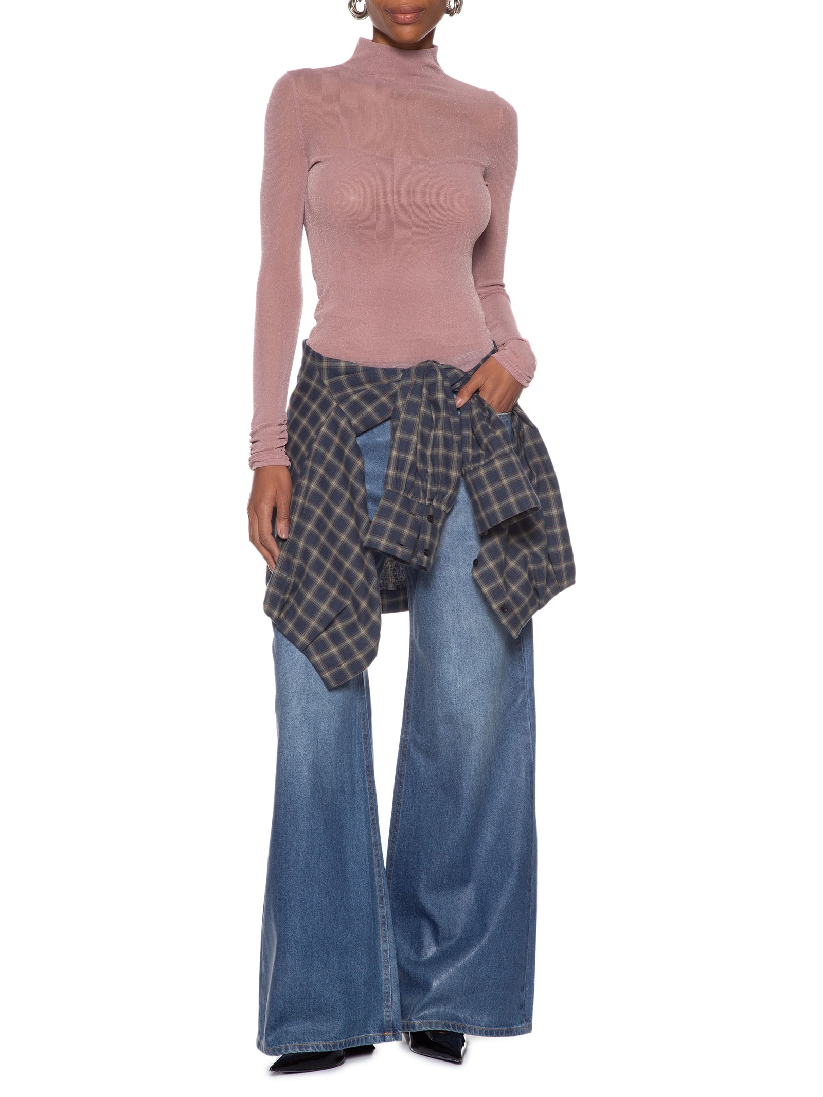 Blusa Feminina De Tule Com Glitter Gola Alta Rosa Animale Jeans