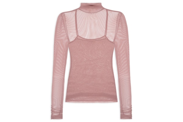 Blusa Feminina De Tule Com Glitter Gola Alta - Rosa