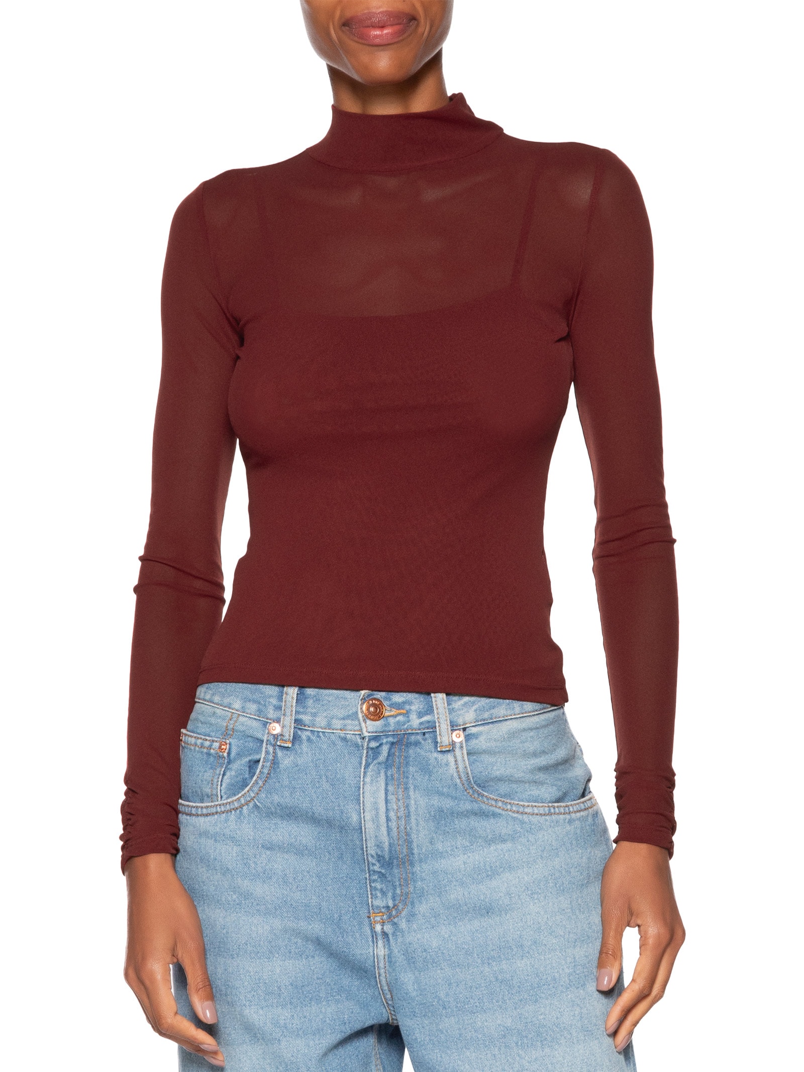 Blusa Feminina De Tule Com Gola Alta Marrom Animale Jeans