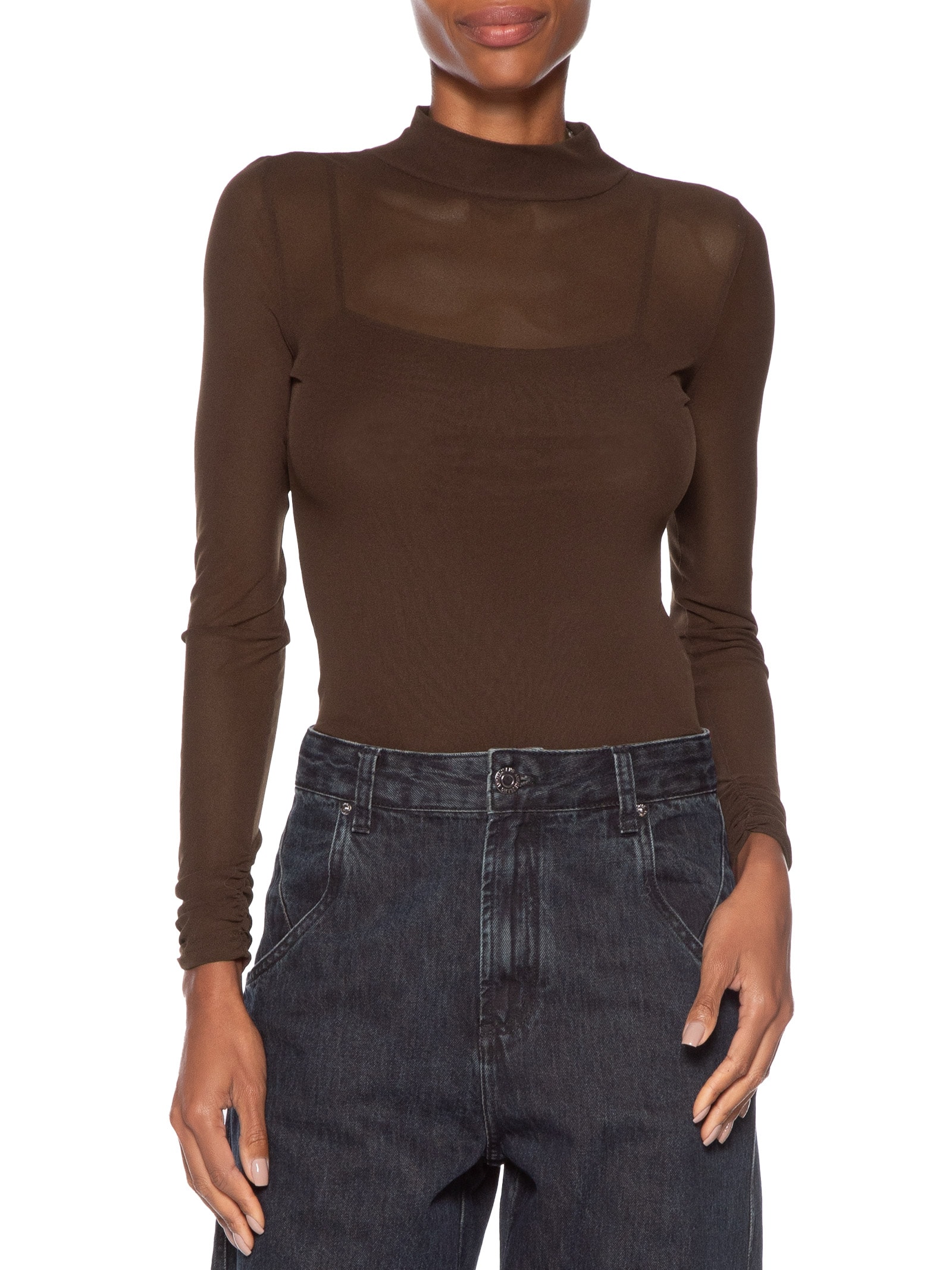 Blusa Feminina De Tule Com Gola Alta Marrom Animale Jeans