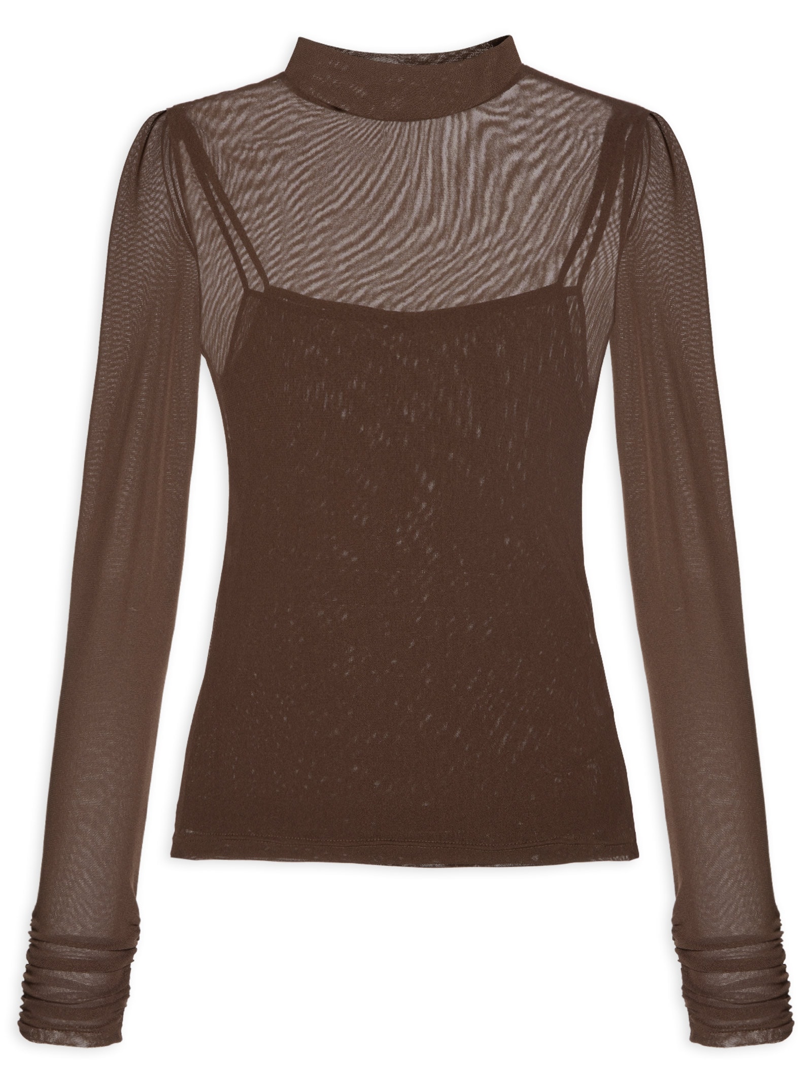 Blusa Feminina De Tule Com Gola Alta Marrom Animale Jeans