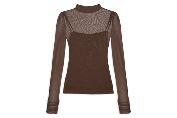 Blusa Feminina De Tule Com Gola Alta - Marrom