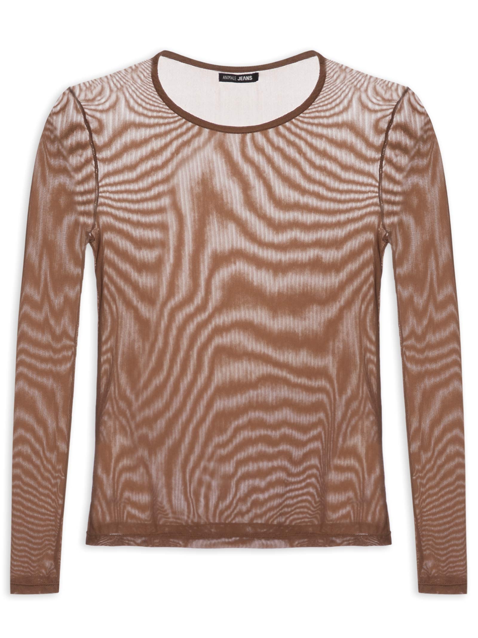 Blusa Feminina De Tule Lisa Manga Longa Marrom Animale Jeans
