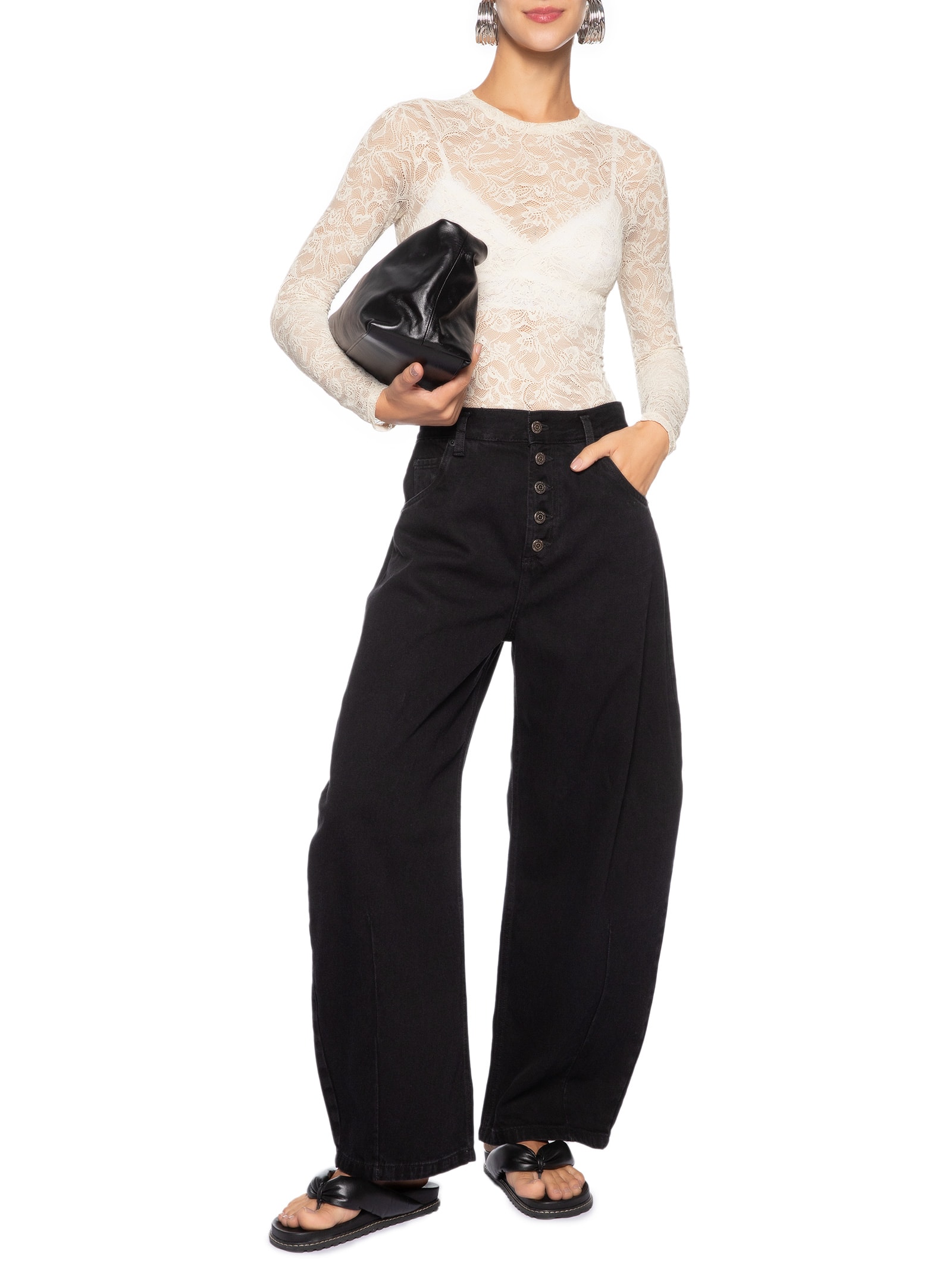 Blusa Feminina De Tule Manga Longa Trabalhado Off White Animale Jeans