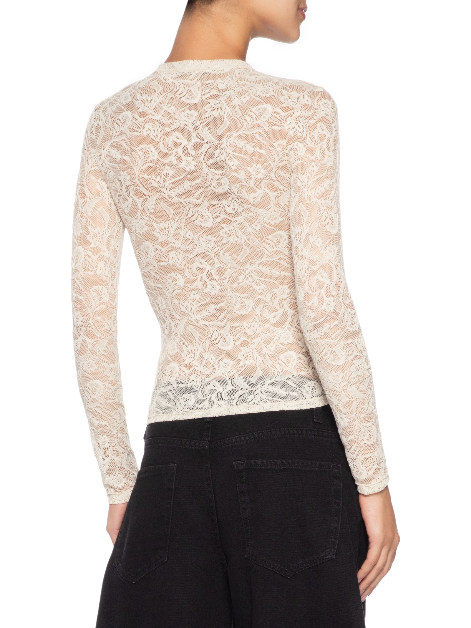 Blusa Feminina De Tule Manga Longa Trabalhado Off White Animale Jeans