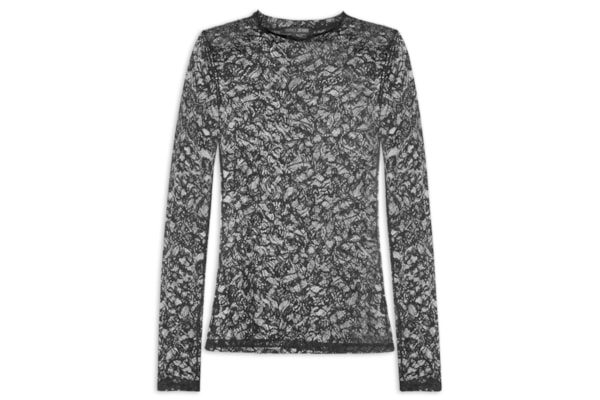 Blusa Feminina De Tule Manga Longa Trabalhado - Preto