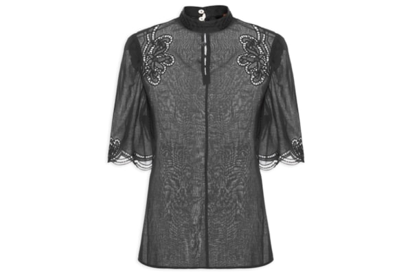 Blusa Feminina De Voil Manga Curta Com Gola - Preto