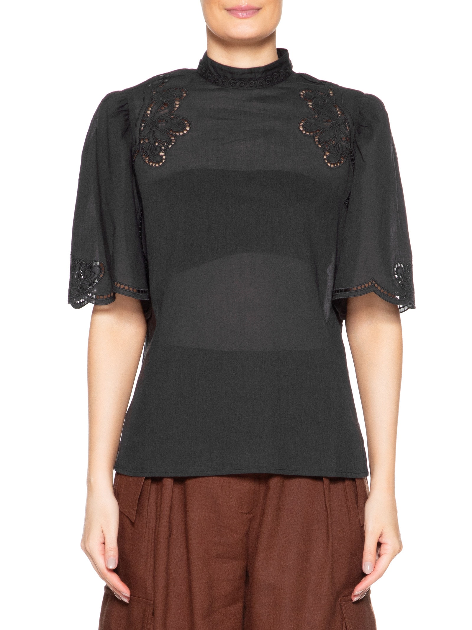 Blusa Feminina De Voil Manga Curta Com Gola Preto Animale