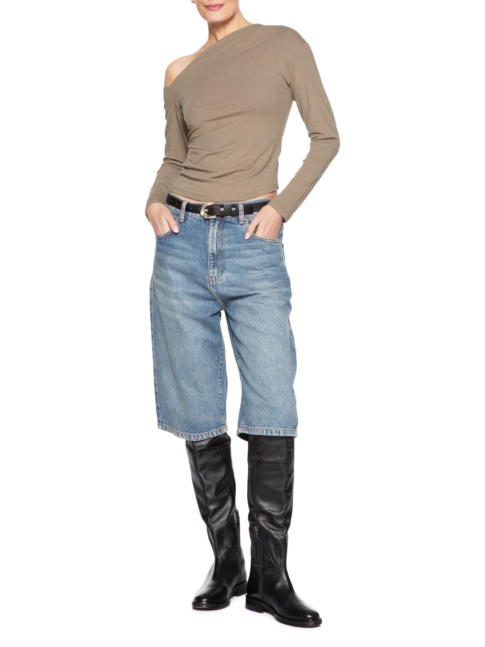 Blusa Feminina Decote Assimétrico Manga Longa Bege Basiq