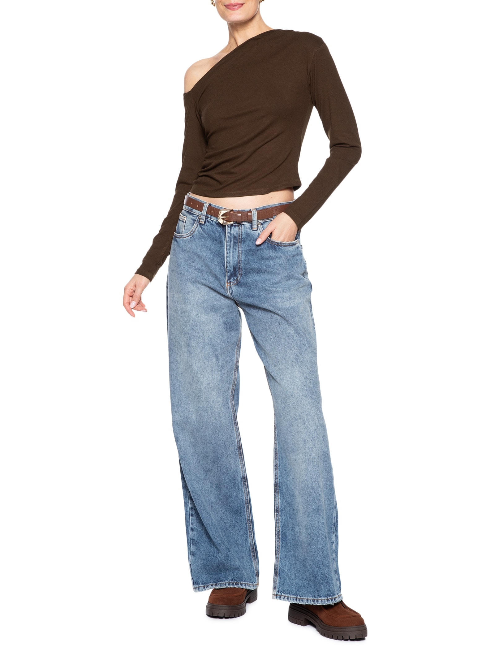 Blusa Feminina Decote Assimétrico Manga Longa Marrom Basiq