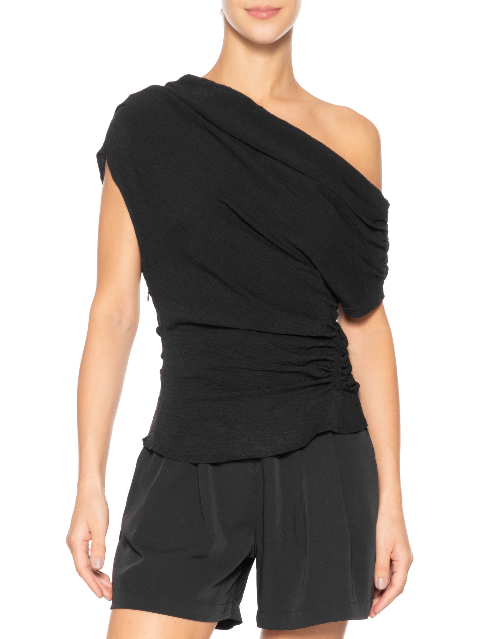 Blusa Feminina Decote Degagê E Franzidos Preto '2Essential