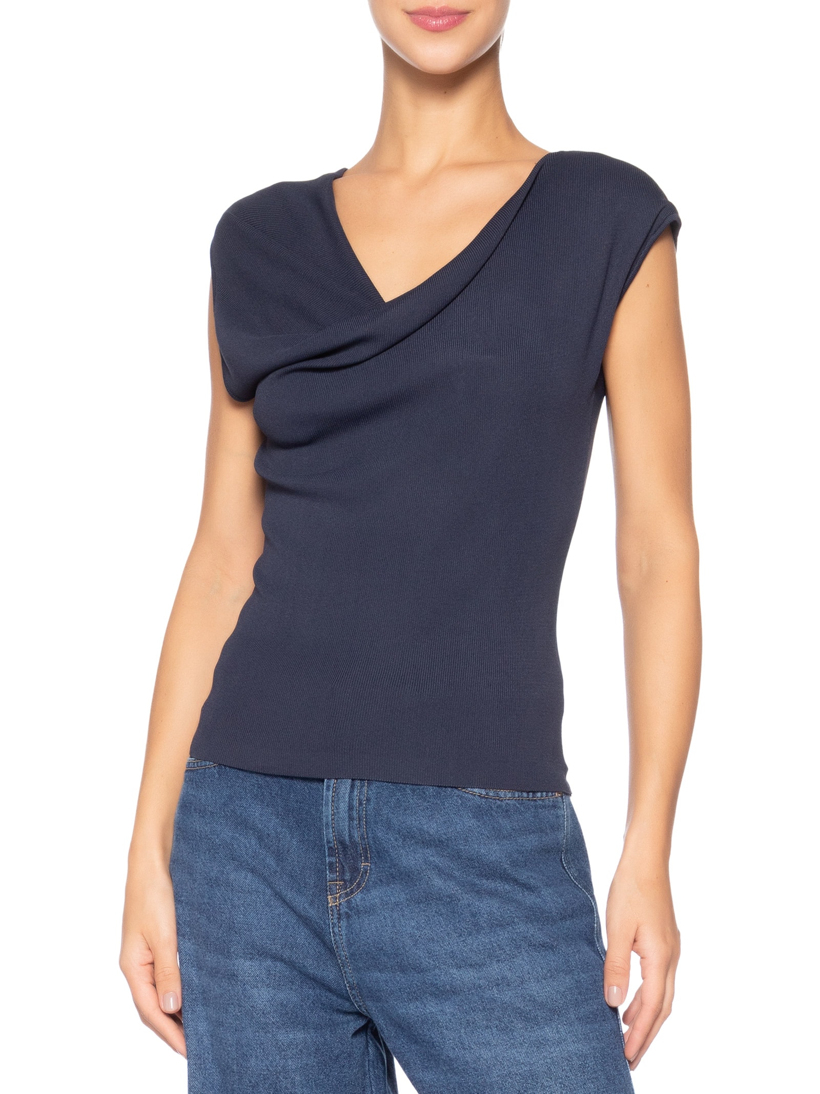Blusa Feminina Decote Degagê Em Tricot Azul '2Essential
