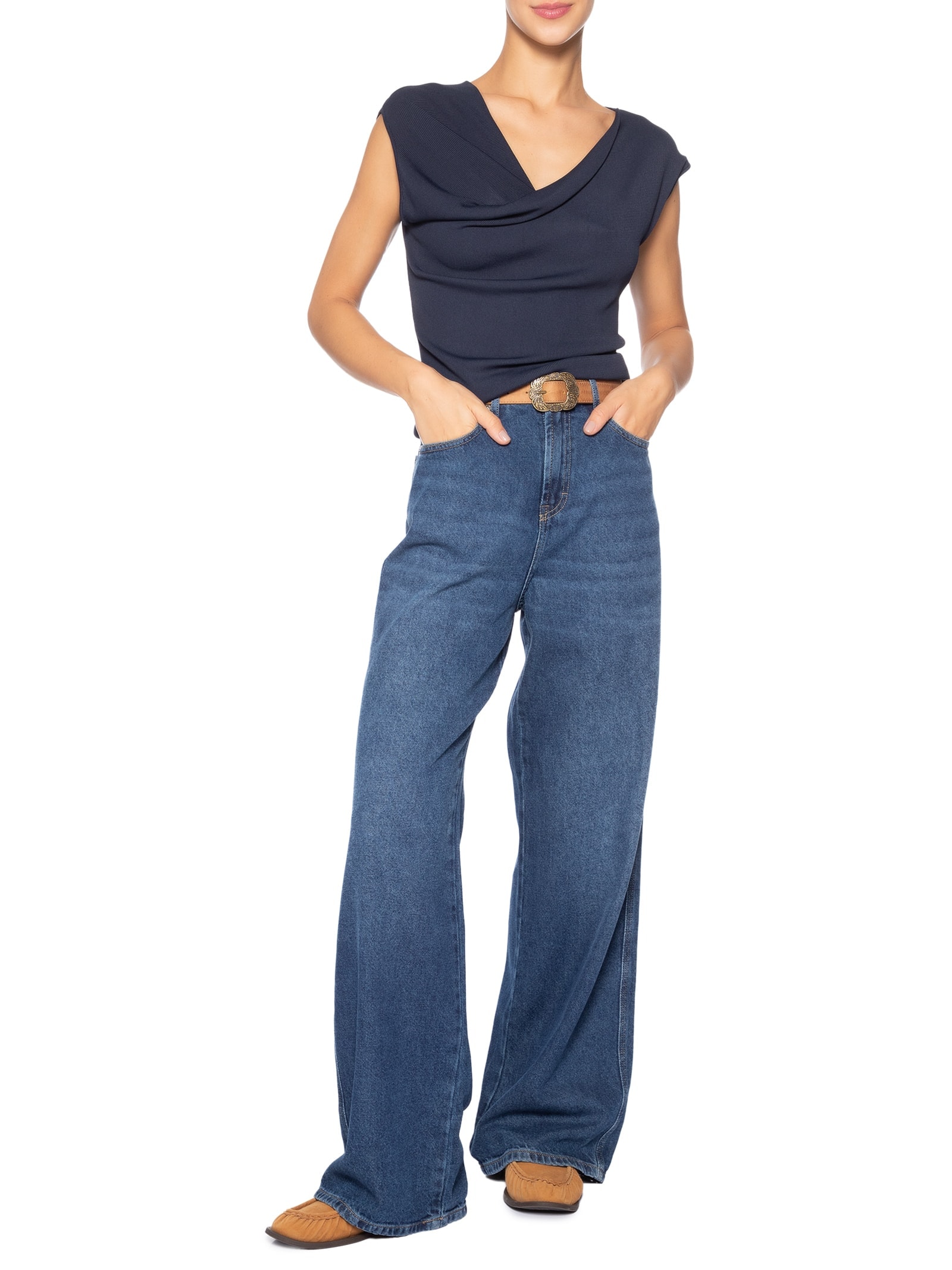 Blusa Feminina Decote Degagê Em Tricot Azul '2Essential
