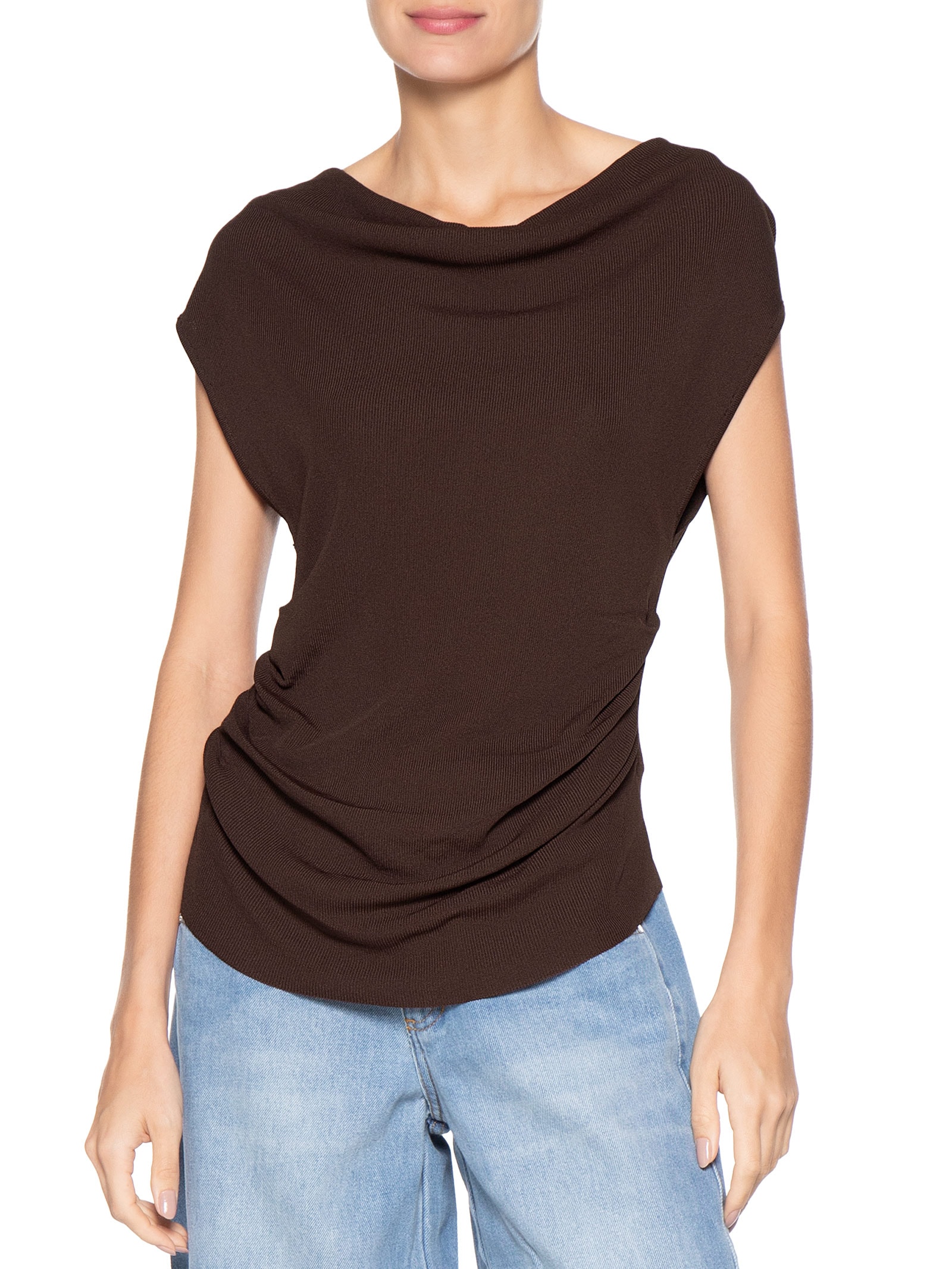 Blusa Feminina Decote Degagê Em Tricot Marrom '2Essential