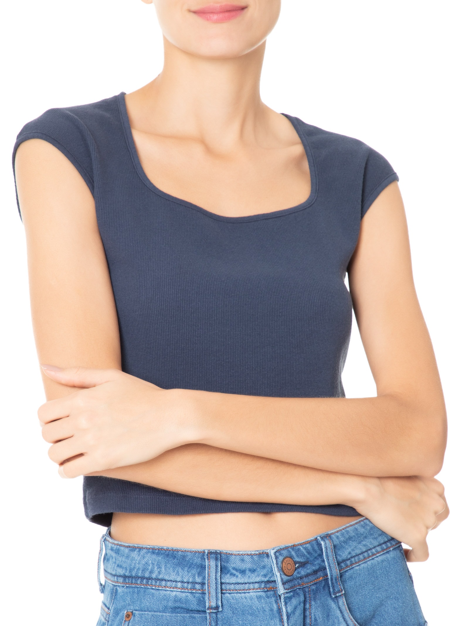 Blusa Feminina Decote Quadrado sem Manga Azul Basiq