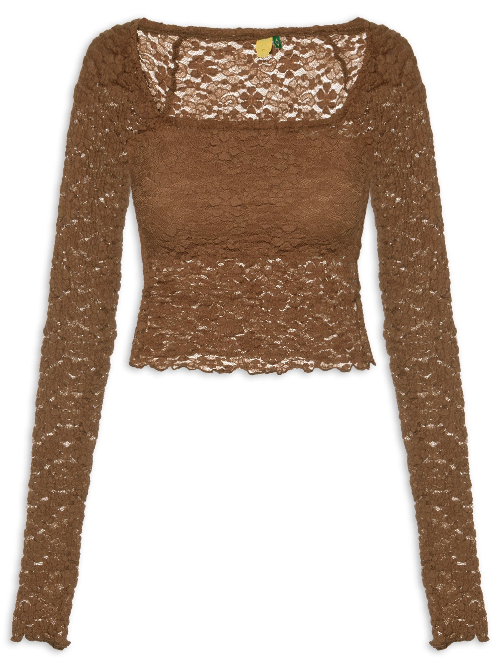Blusa Feminina Decote Reto Artesanal Rendada Marrom Farm