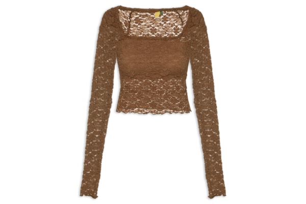 Blusa Feminina Decote Reto Artesanal Rendada - Marrom