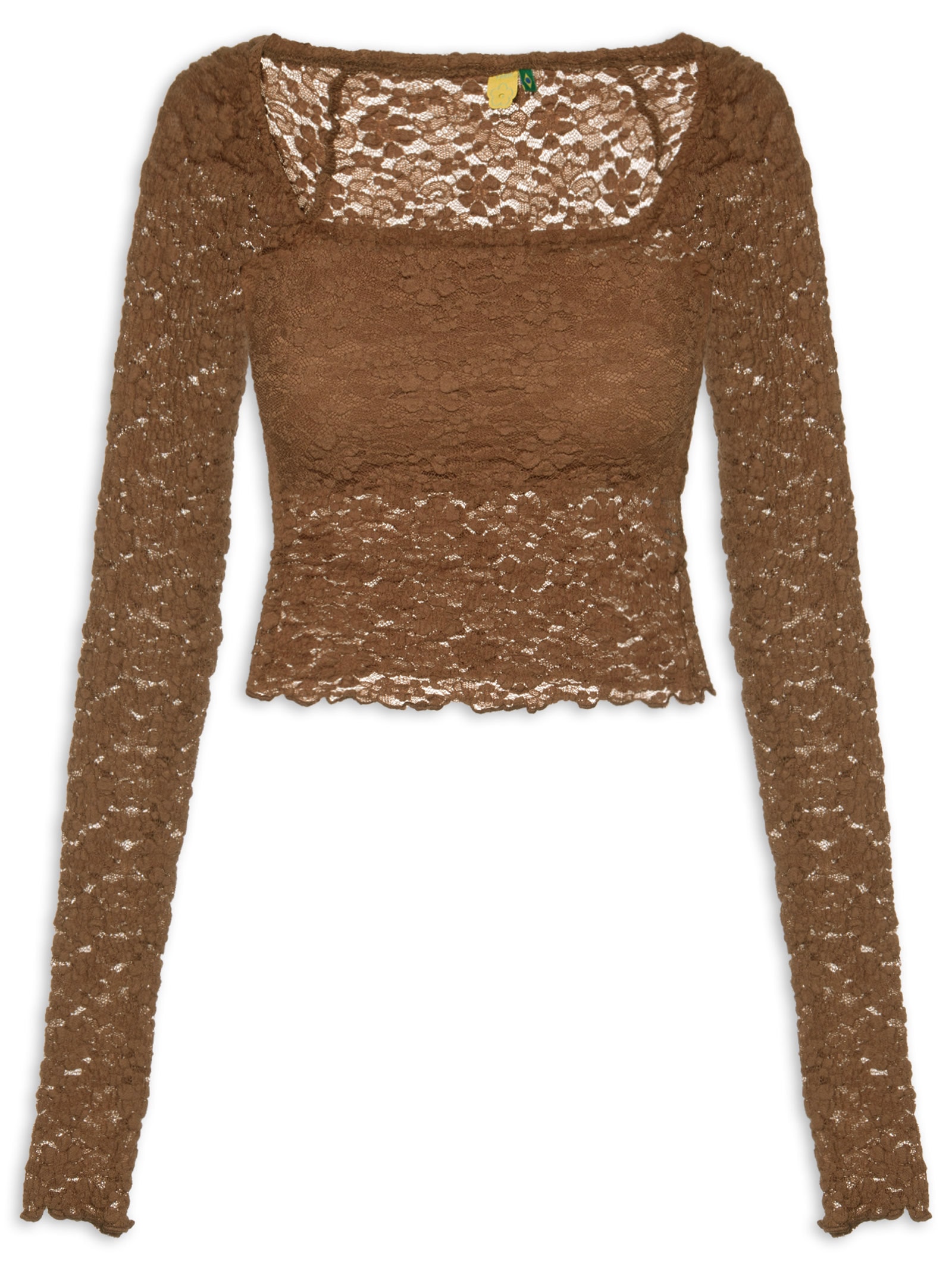 Blusa Feminina Decote Reto Artesanal Rendada Marrom Farm