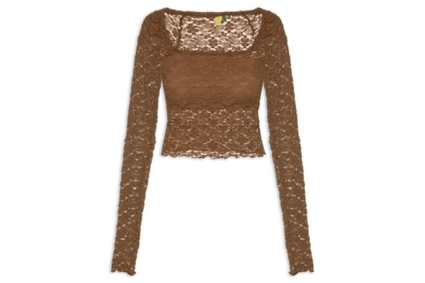 Blusa Feminina Decote Reto Artesanal Rendada - Marrom