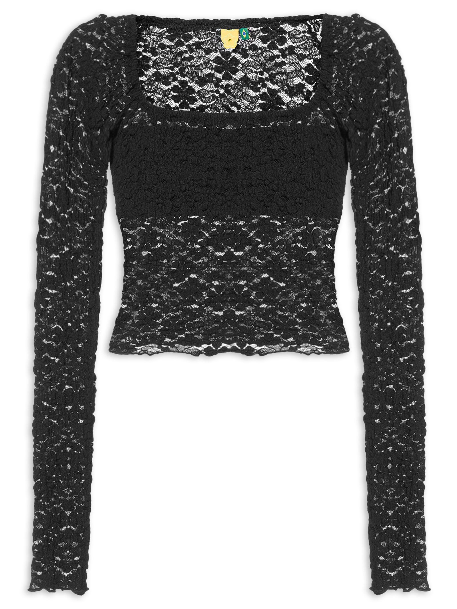 Blusa Feminina Decote Reto Artesanal Rendada Preto Farm