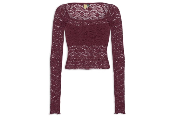 Blusa Feminina Decote Reto Artesanal Rendada - Vinho