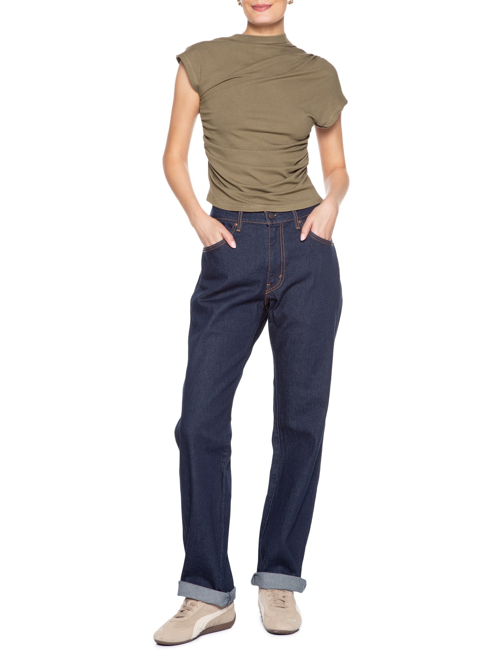 Blusa Feminina Decote Reto Drapeada Bege Basiq