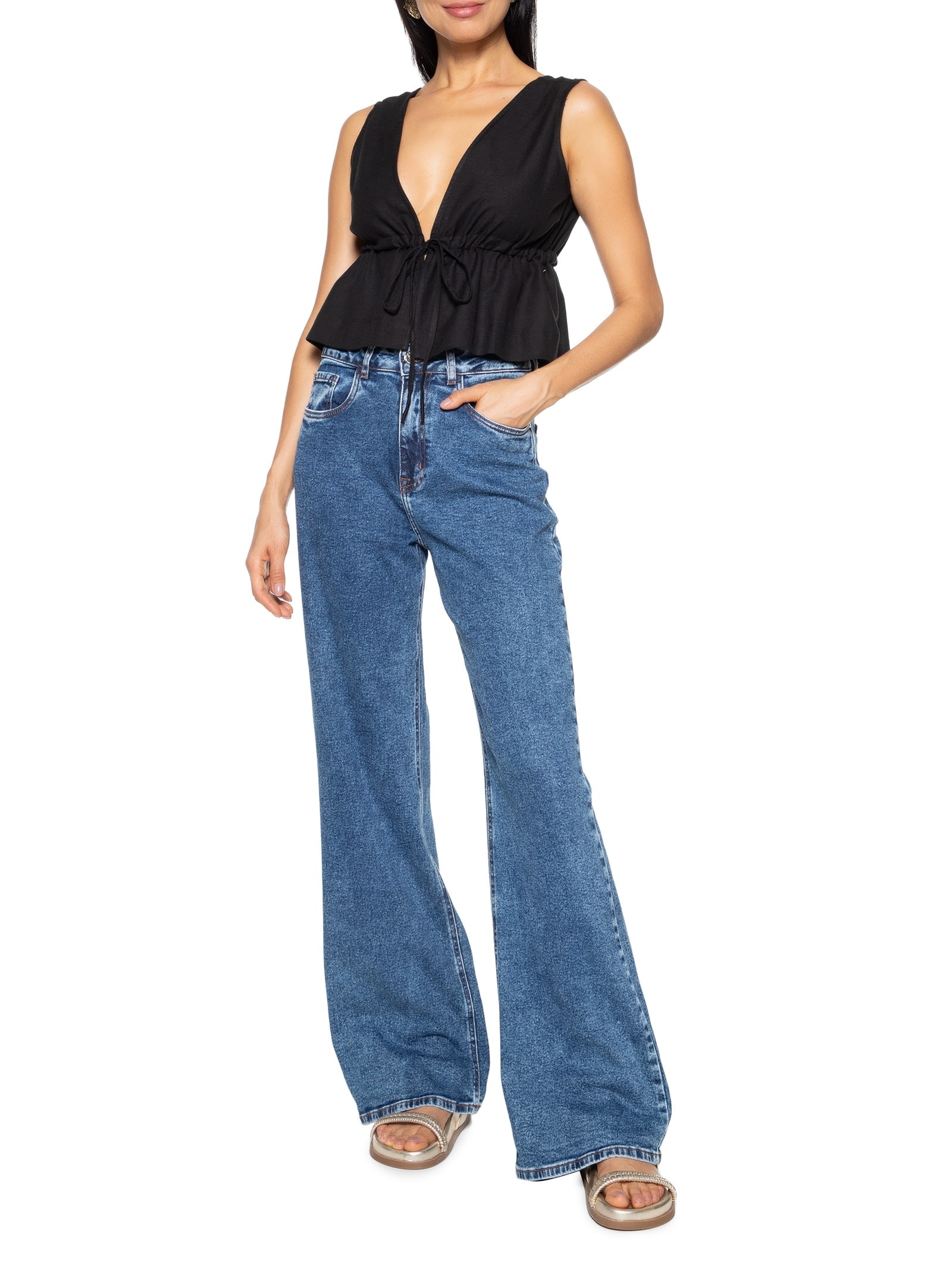 Blusa Feminina Decote V Com Linho Preto Hering