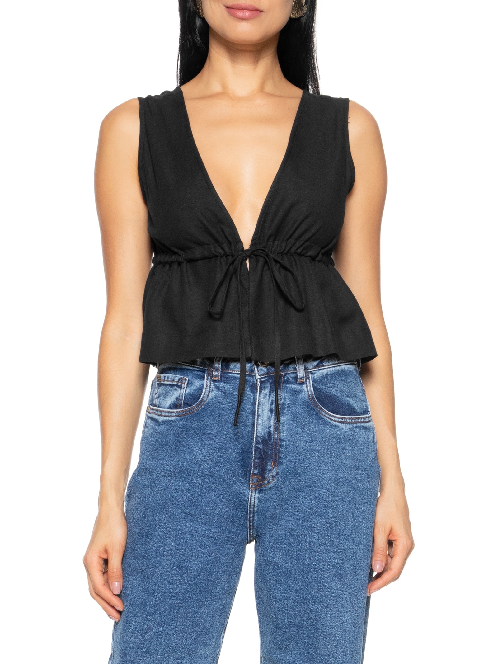 Blusa Feminina Decote V Com Linho Preto Hering