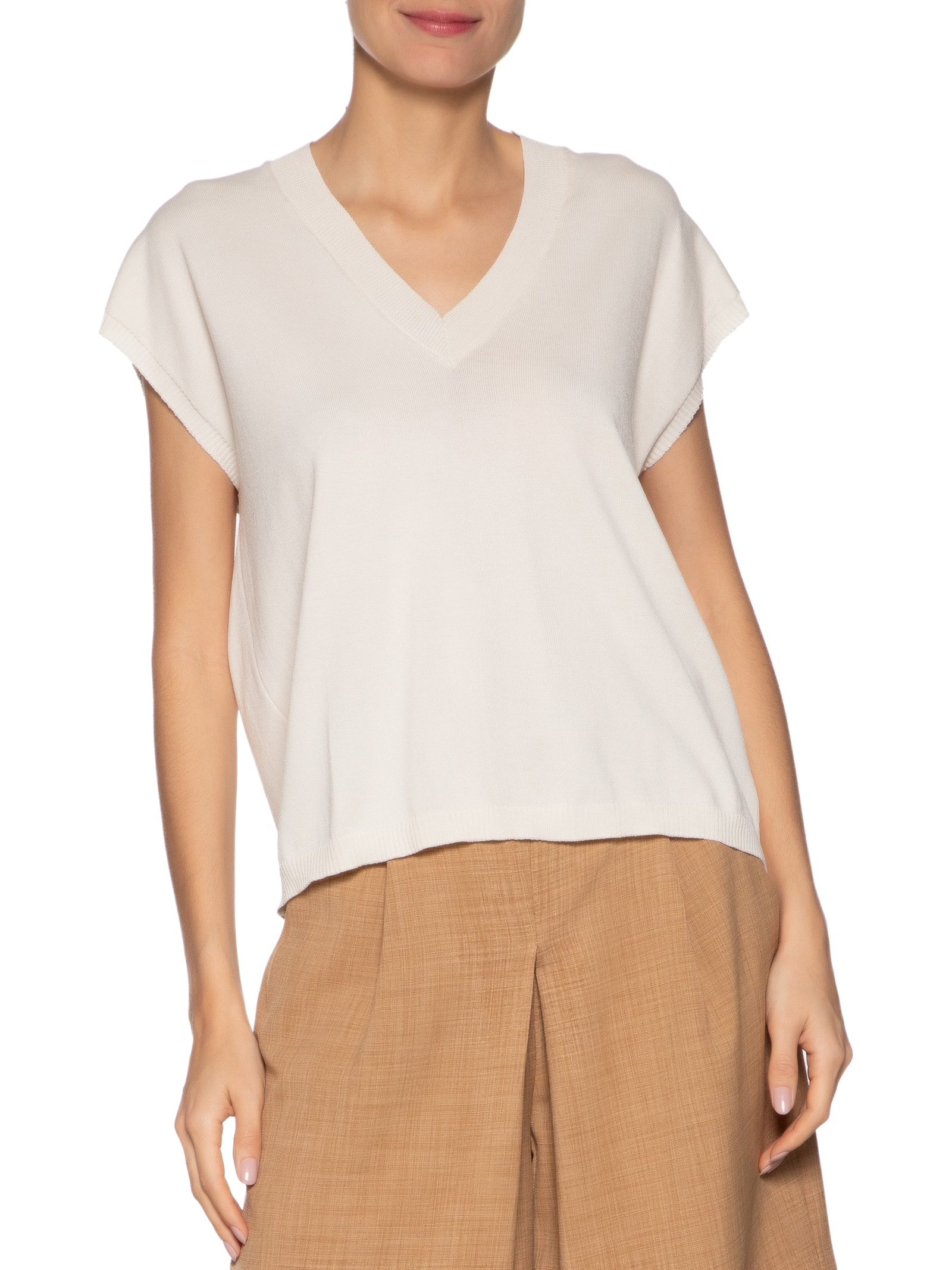 Blusa Feminina Decote V em Tricot Bege '2Essential