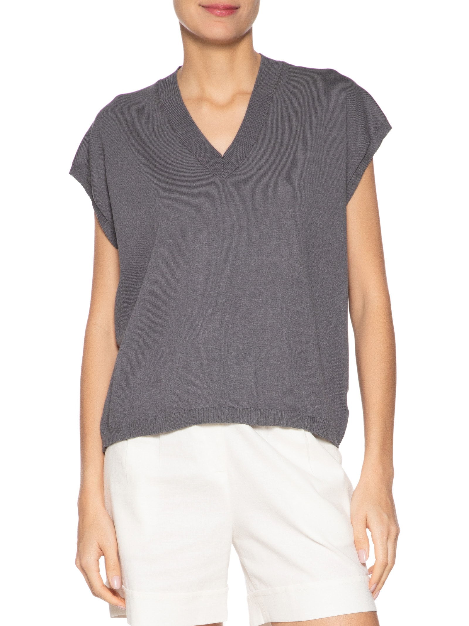 Blusa Feminina Decote V em Tricot Chumbo '2Essential
