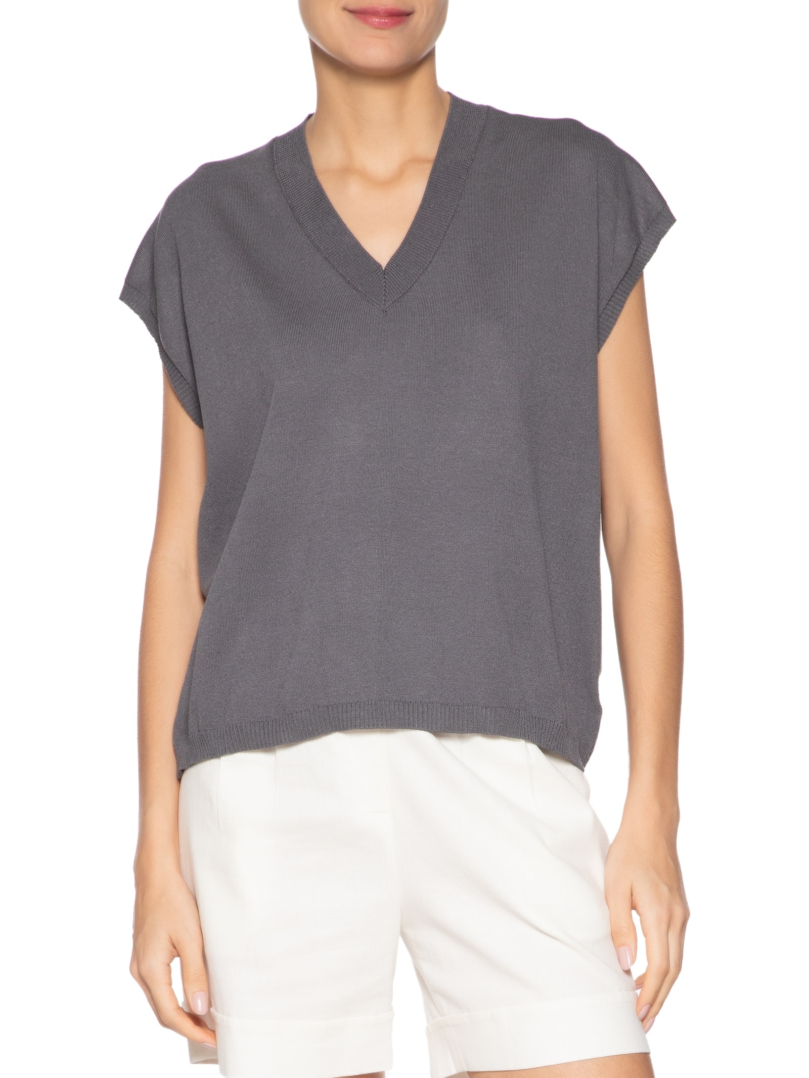 Blusa Feminina Decote V em Tricot Chumbo '2Essential