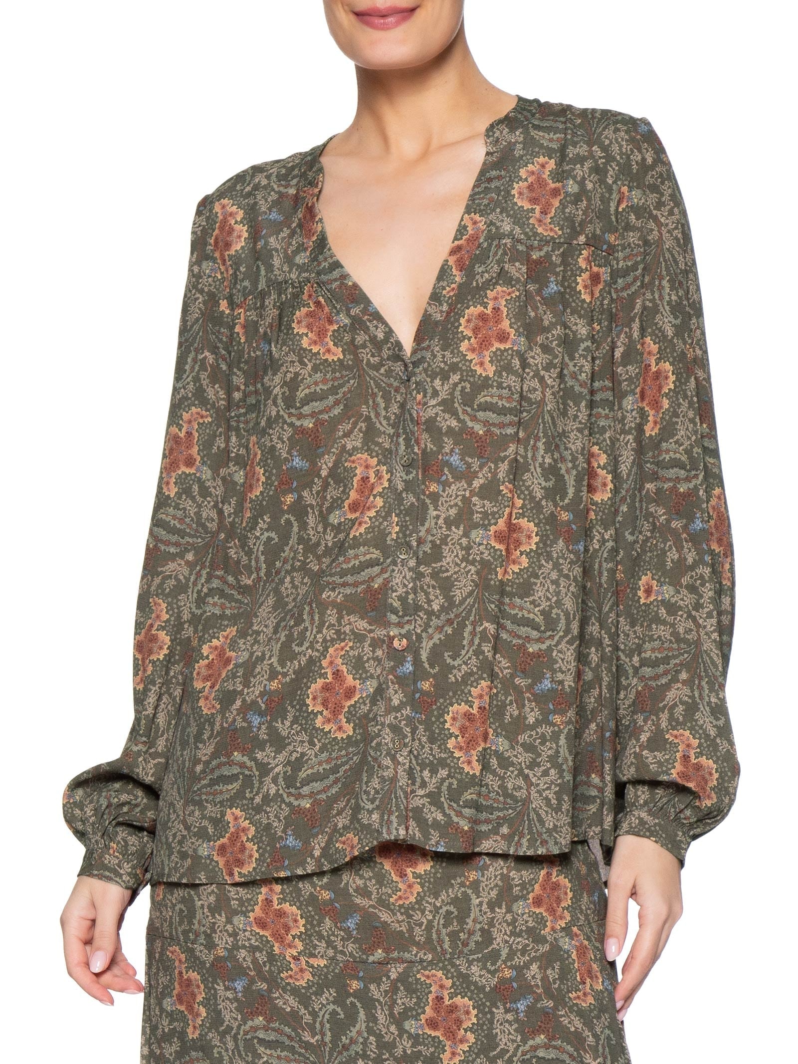 Blusa Feminina Decote V Estampa Ori Verde Maria Filó