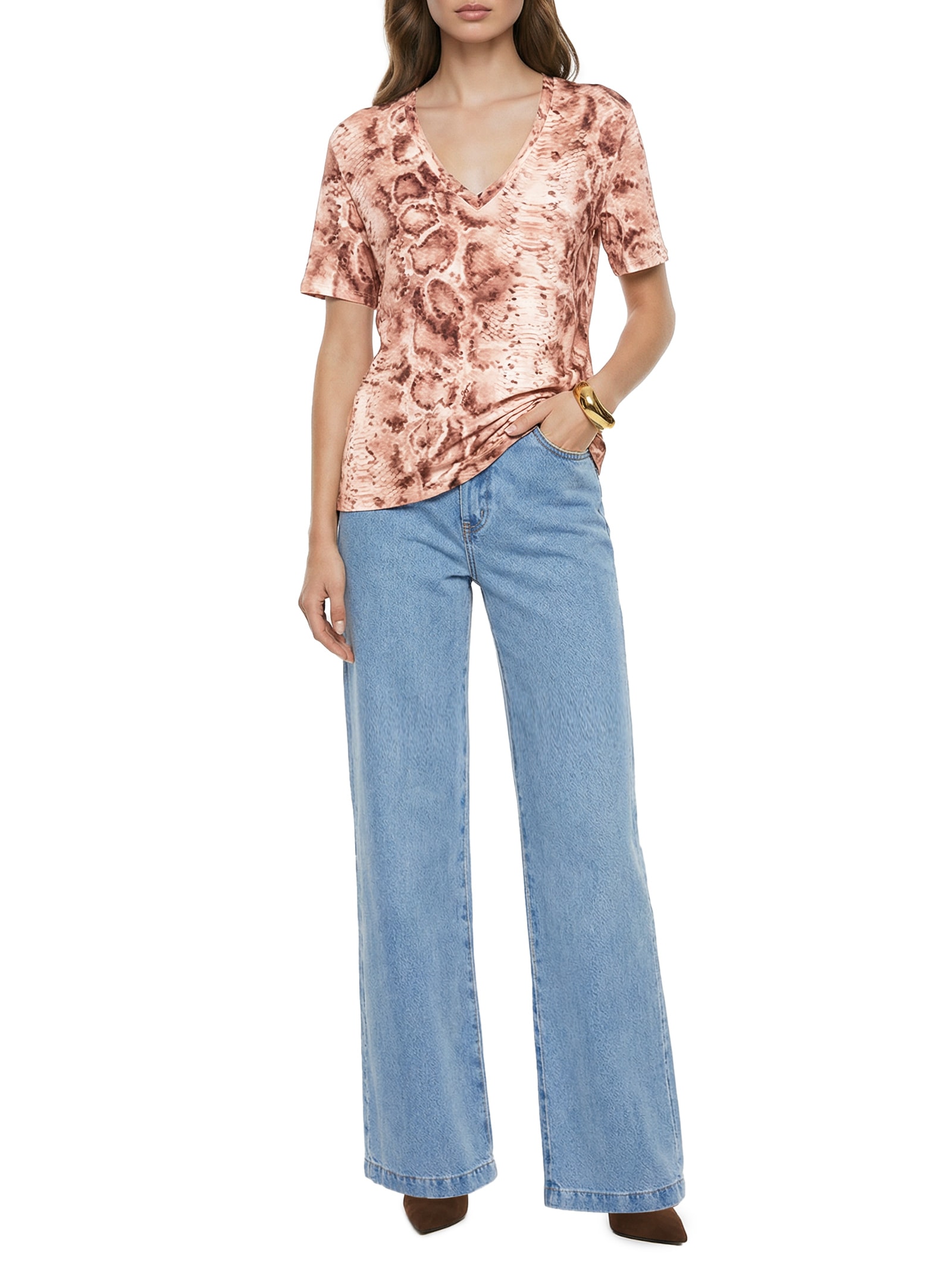 Blusa Feminina Decote V Estampada Rosa Lança Perfume