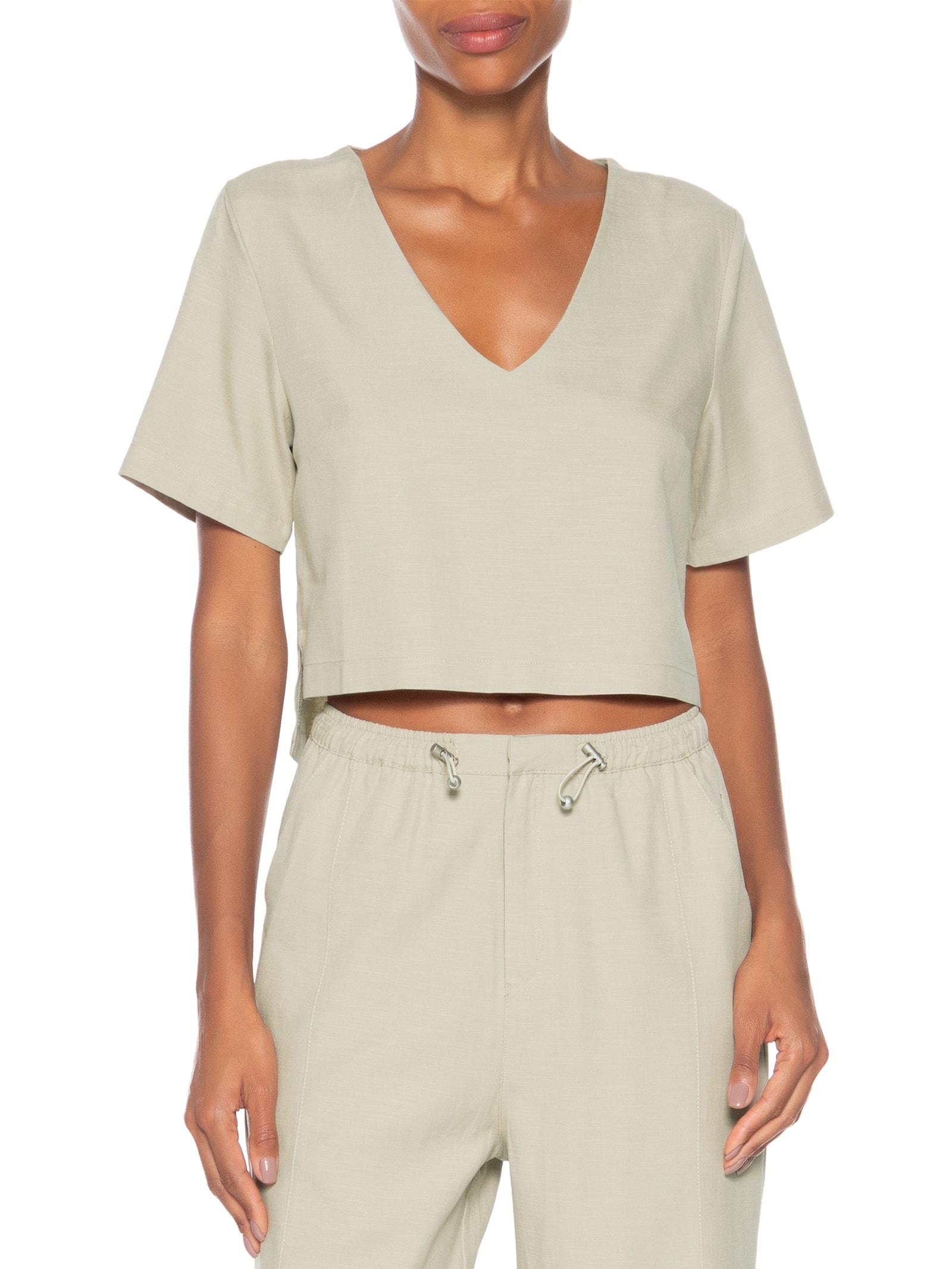 Blusa Feminina Decote V Manga Curta Bege Basiq