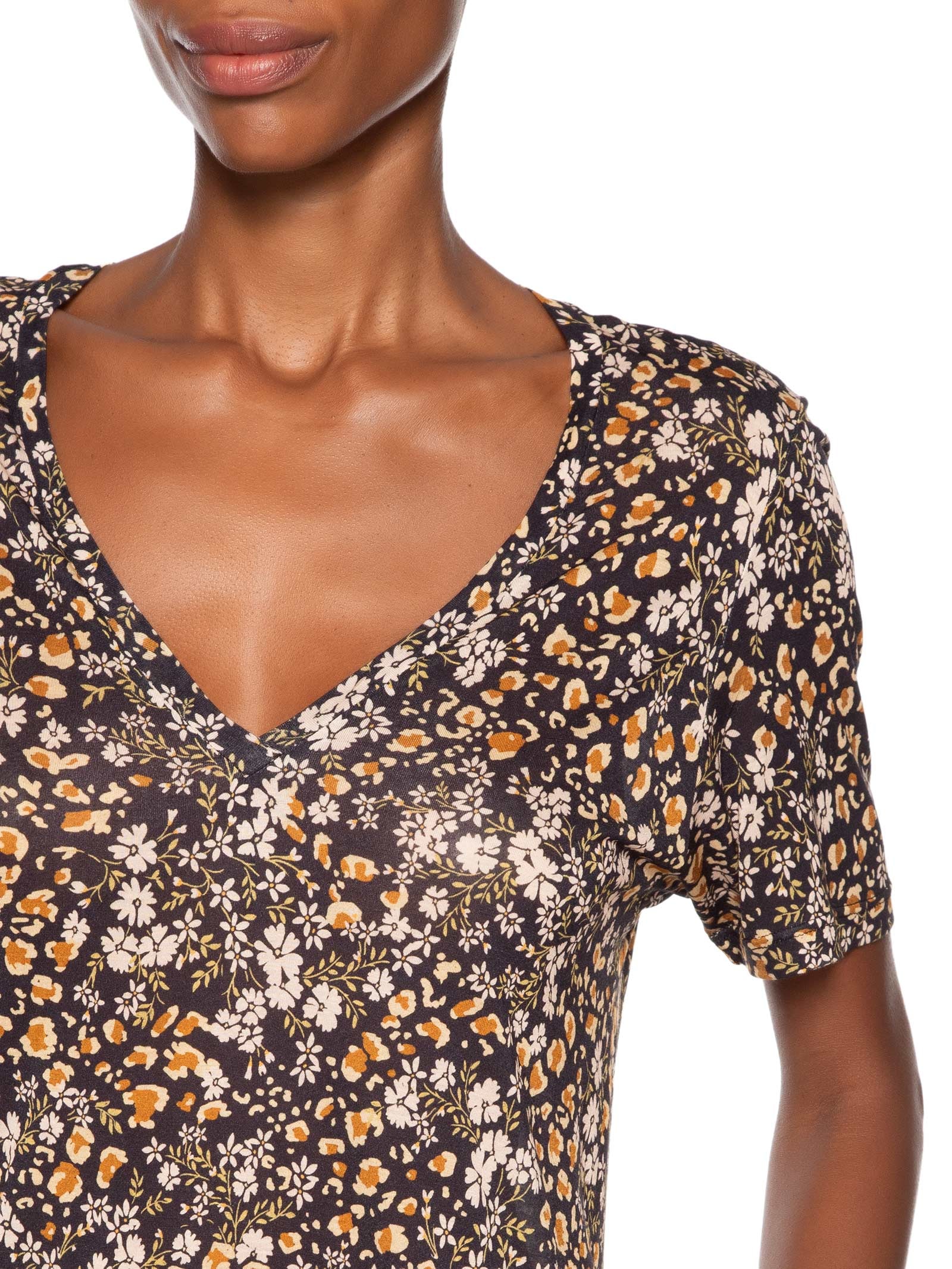 Blusa Feminina Decote V Manga Curta Liberty Preto Animale