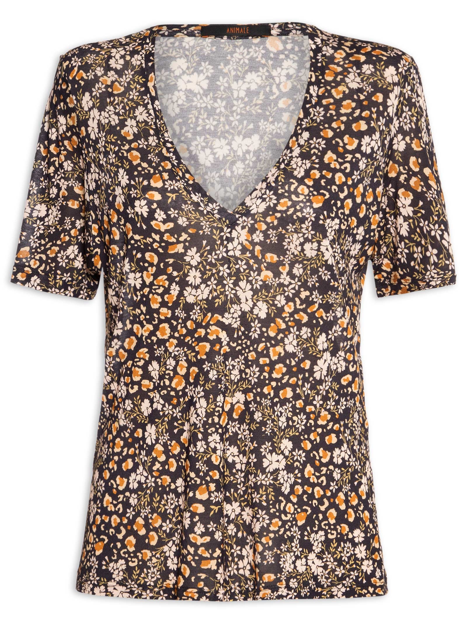 Blusa Feminina Decote V Manga Curta Liberty Preto Animale