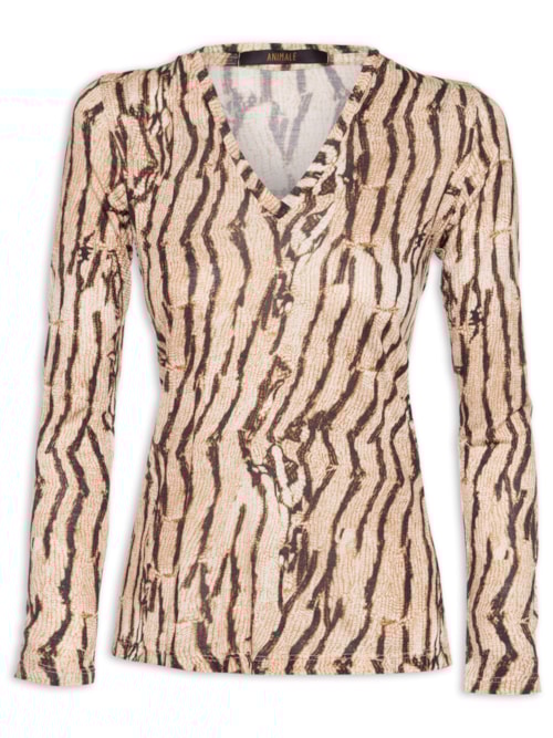 Blusa Feminina Decote V Manga Longa Cobra Vintage – Marrom