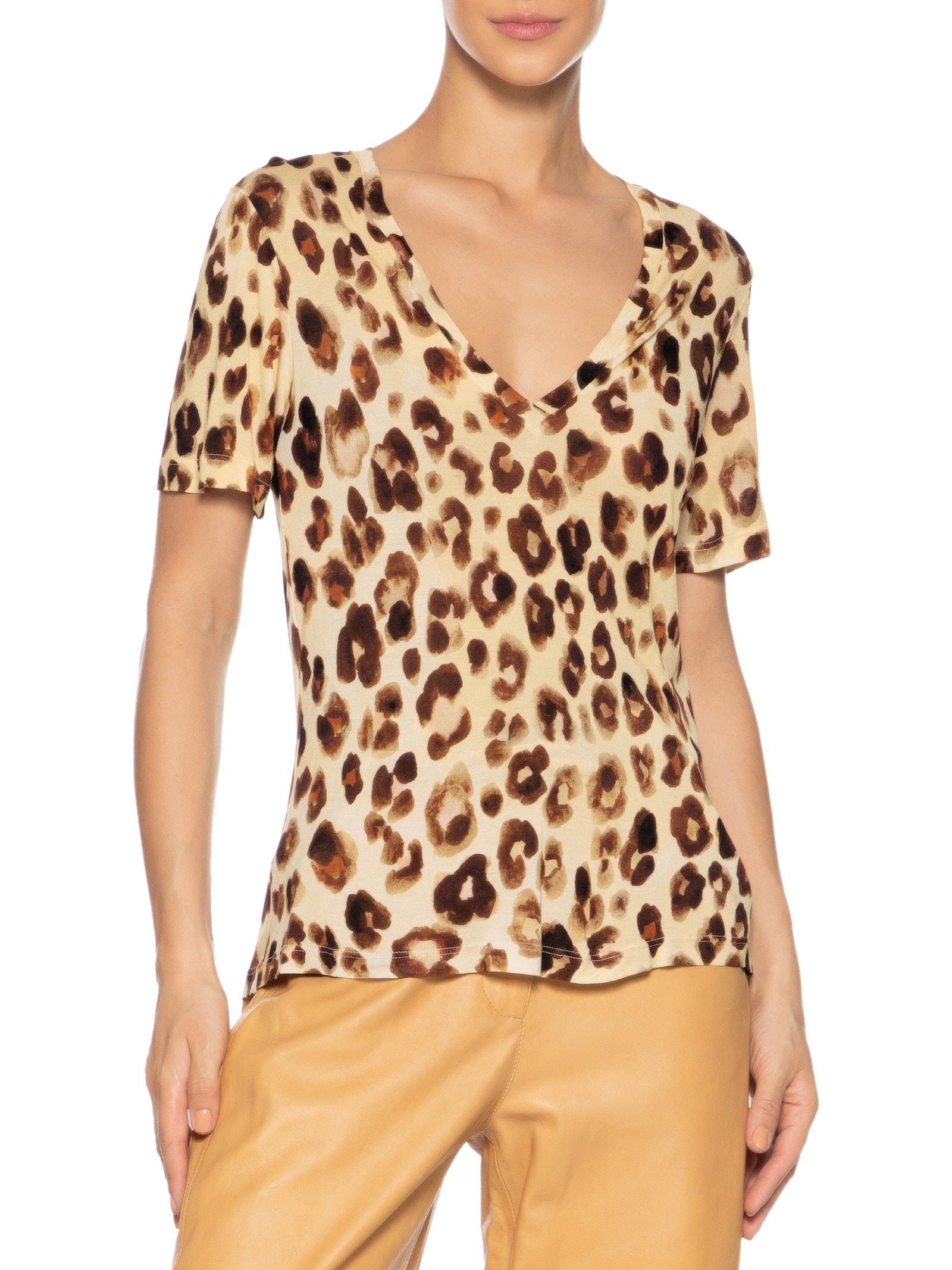 Blusa Feminina Decote V Onça Concha Color Marrom Animale