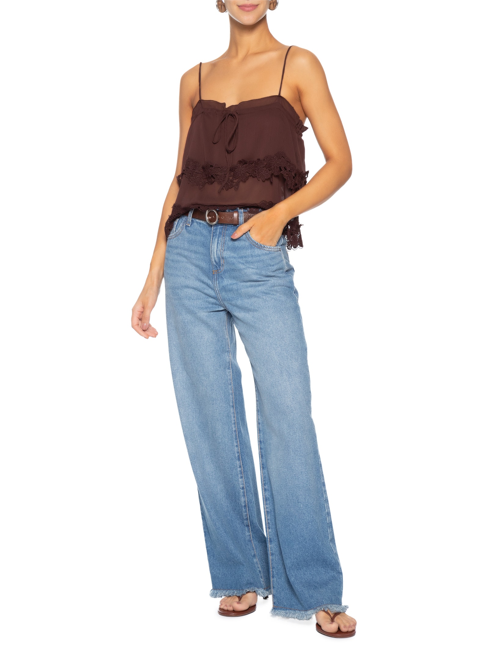 Blusa Feminina Detalhe Amarração E Renda Marrom Market 33