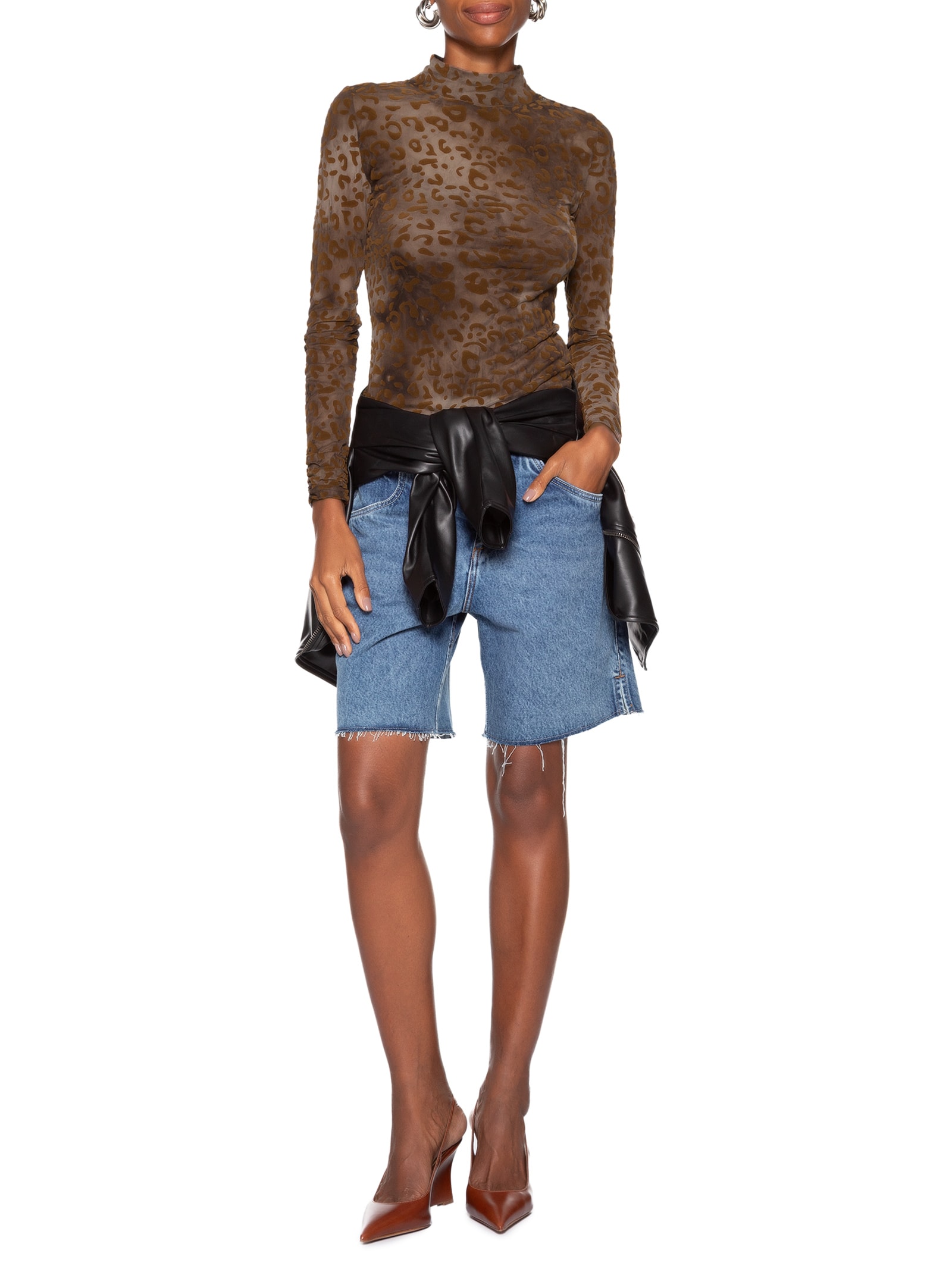 Blusa Feminina Devore Onça Gola Alta Marrom Animale Jeans