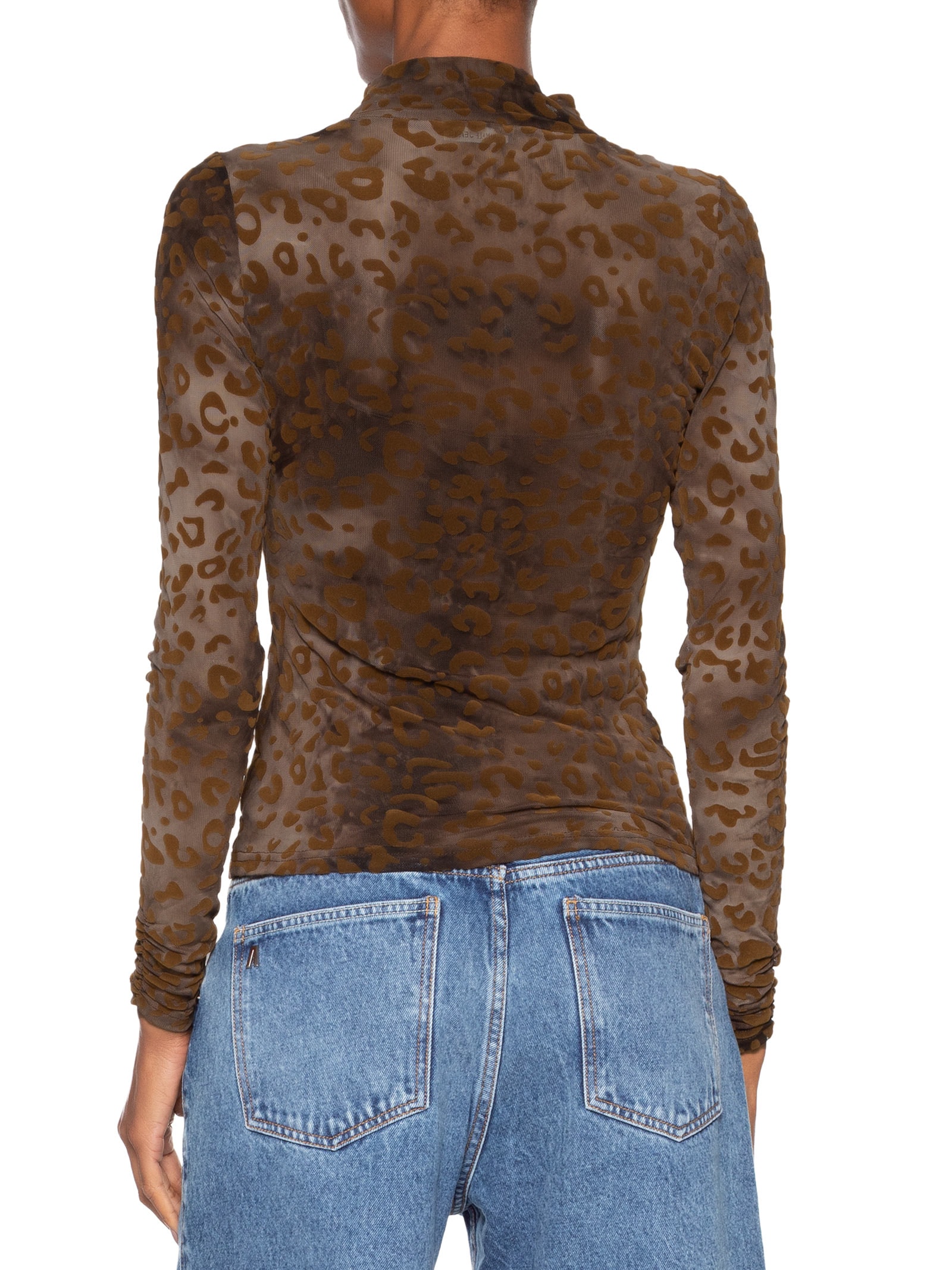 Blusa Feminina Devore Onça Gola Alta Marrom Animale Jeans