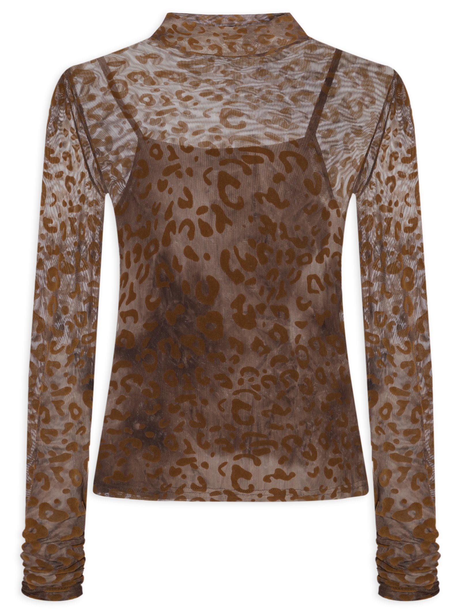 Blusa Feminina Devore Onça Gola Alta Marrom Animale Jeans