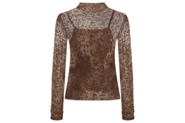 Blusa Feminina Devore Onça Gola Alta - Marrom