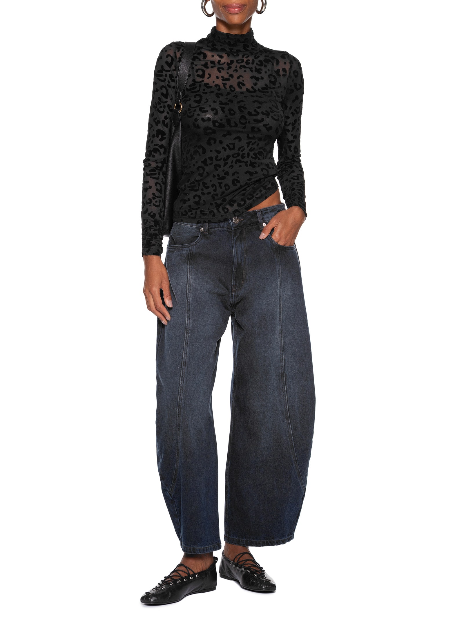 Blusa Feminina Devore Onça Gola Alta Preto Animale Jeans