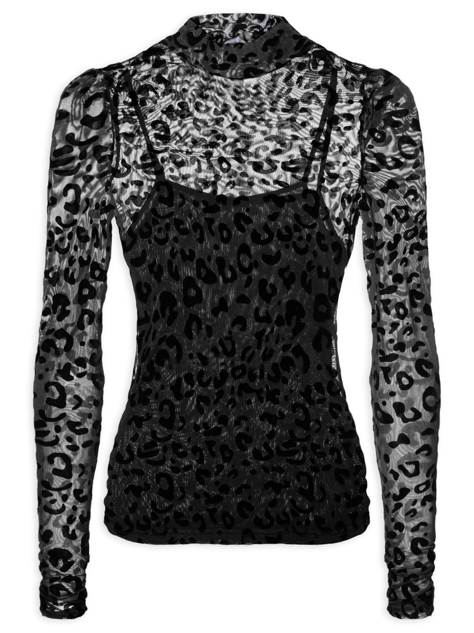 Blusa Feminina Devore Onça Gola Alta Preto Animale Jeans