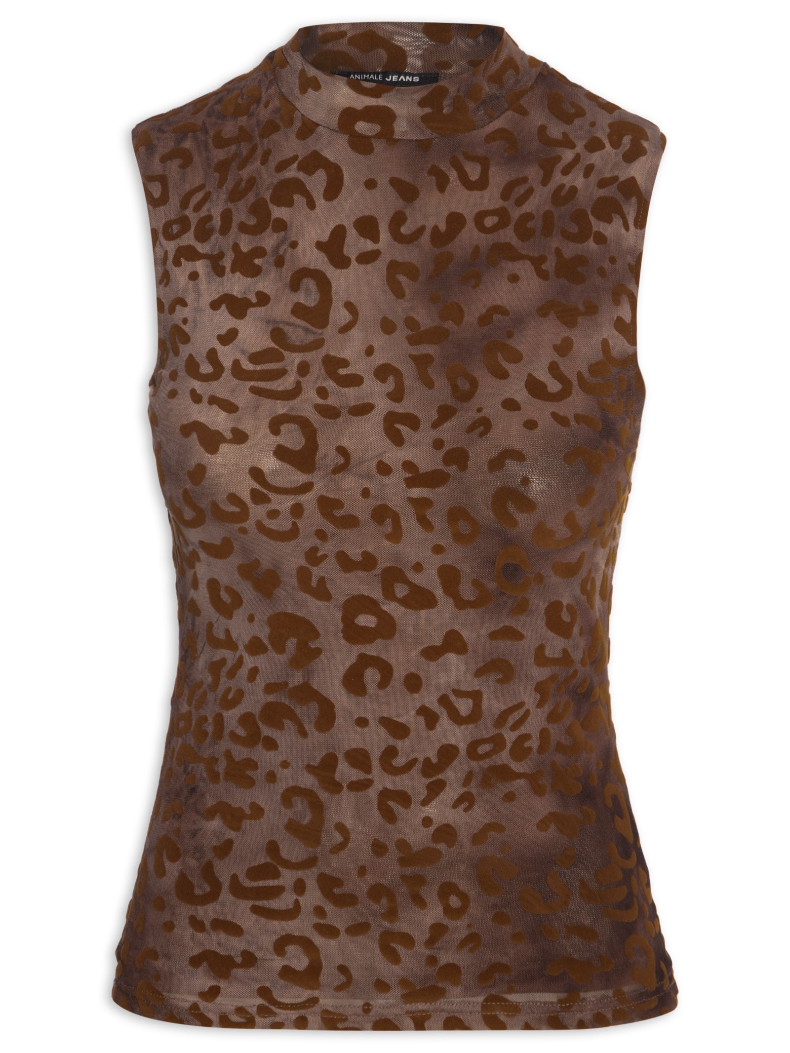 Blusa Feminina Devorê Onça Sem Manga Marrom Animale Jeans