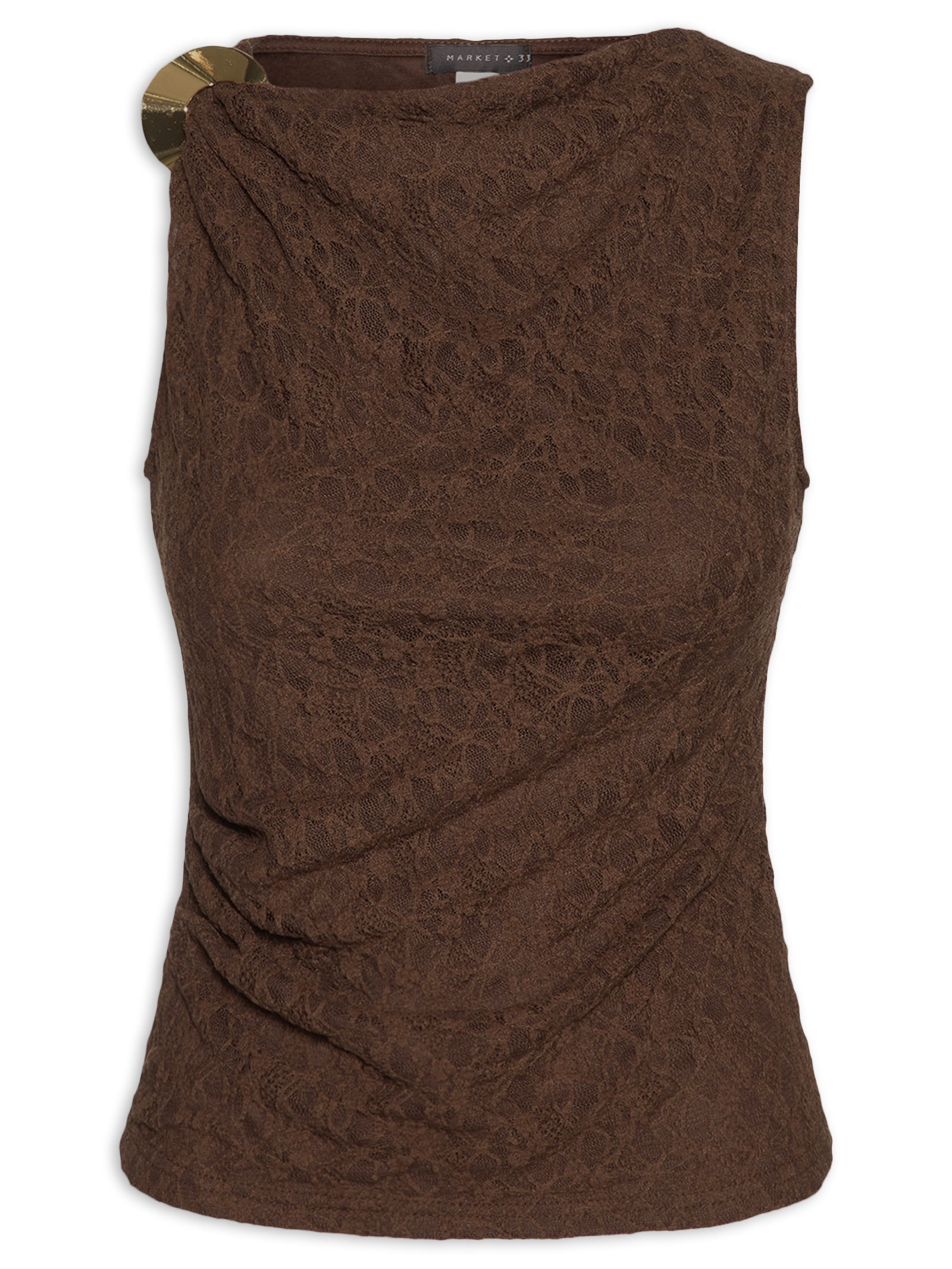 Blusa Feminina Drapeada Em Renda Marrom Market 33