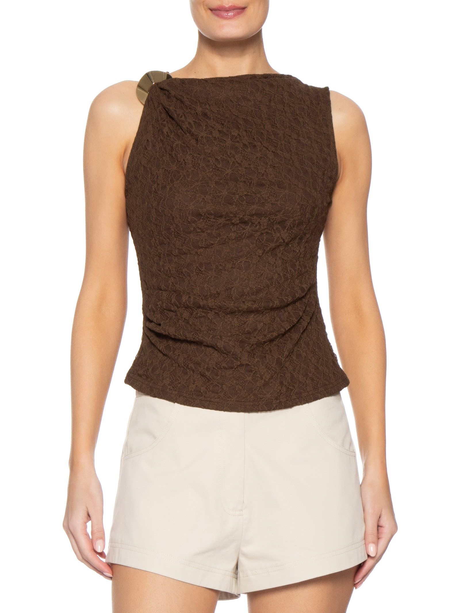 Blusa Feminina Drapeada Em Renda Marrom Market 33
