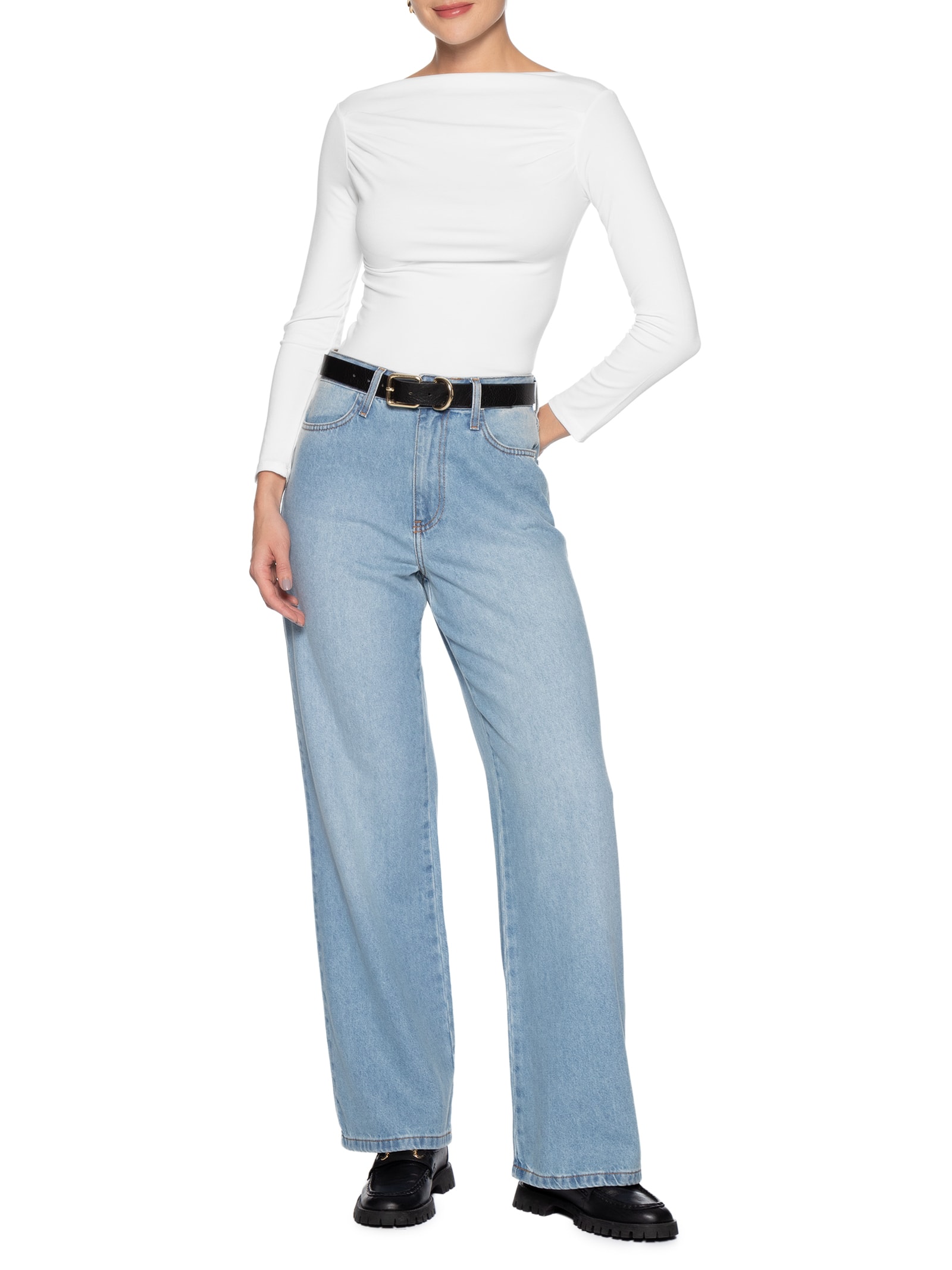 Blusa Feminina Drapeada Manga Longa Branco Basiq